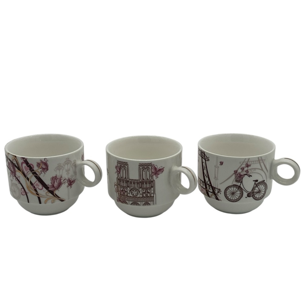 Set of 3 Elegant White and‎ Purple Paris Cups